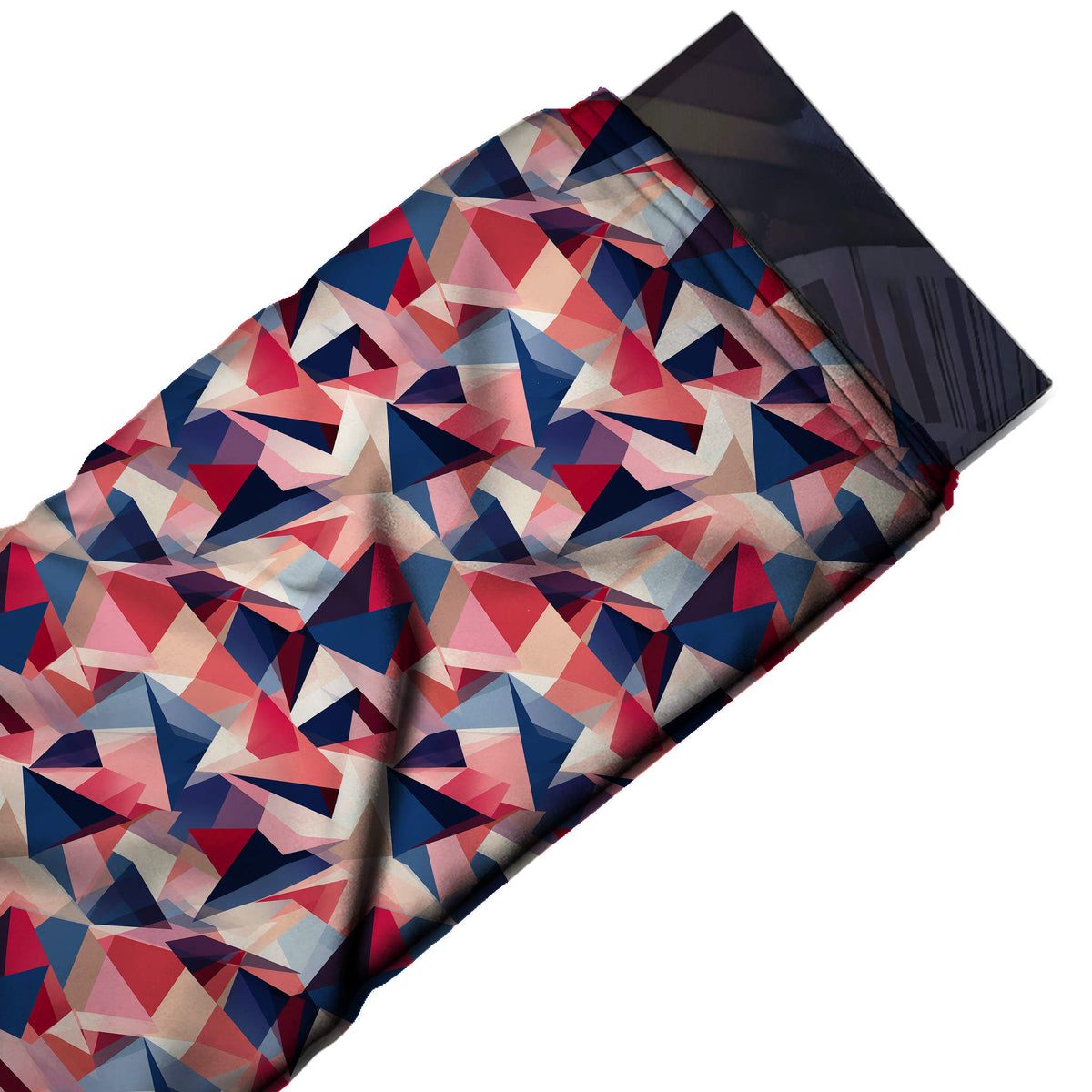 Coral Pink & Navy Blue Faceted Coral & Navy Shards Printed Moss Crepe Fabric - flat fabric swatch, design Design No_3788, Clothwala