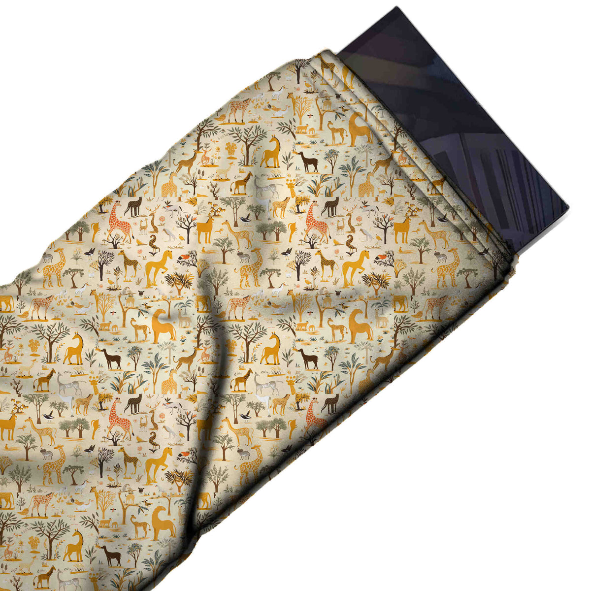 Cream & Amber Yellow Mini Savannah Herd Printed Moss Crepe Fabric - flat fabric swatch, design Design No_3875, Clothwala