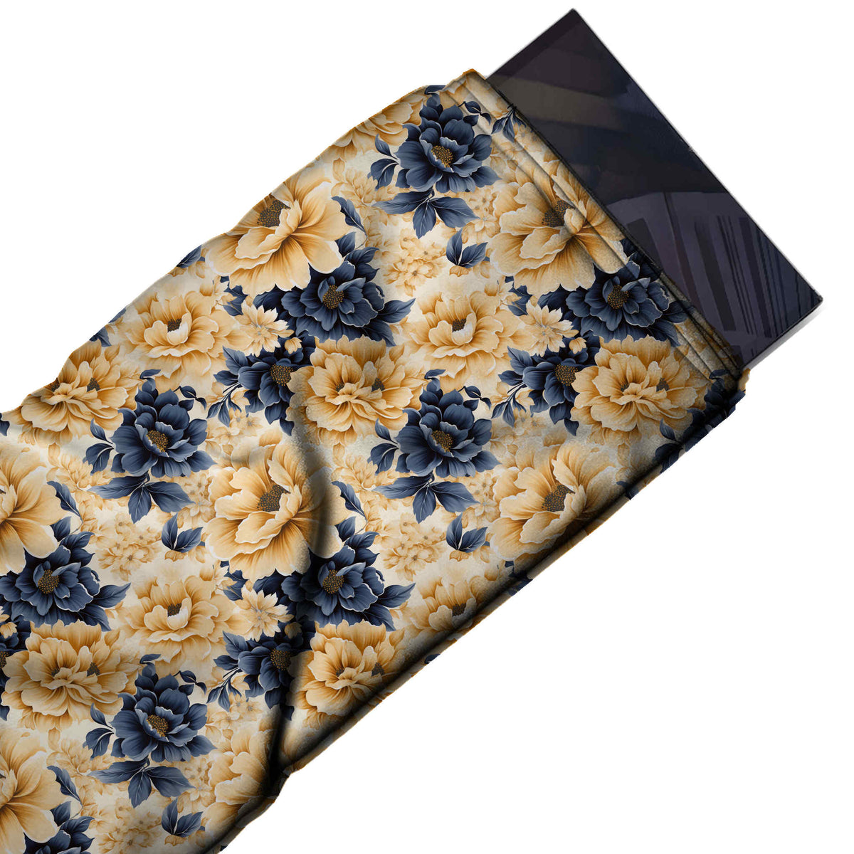 Cream & Apricot Gold & Navy Peonies Printed Moss Crepe Fabric - flat fabric swatch, design Design No_3778, Clothwala