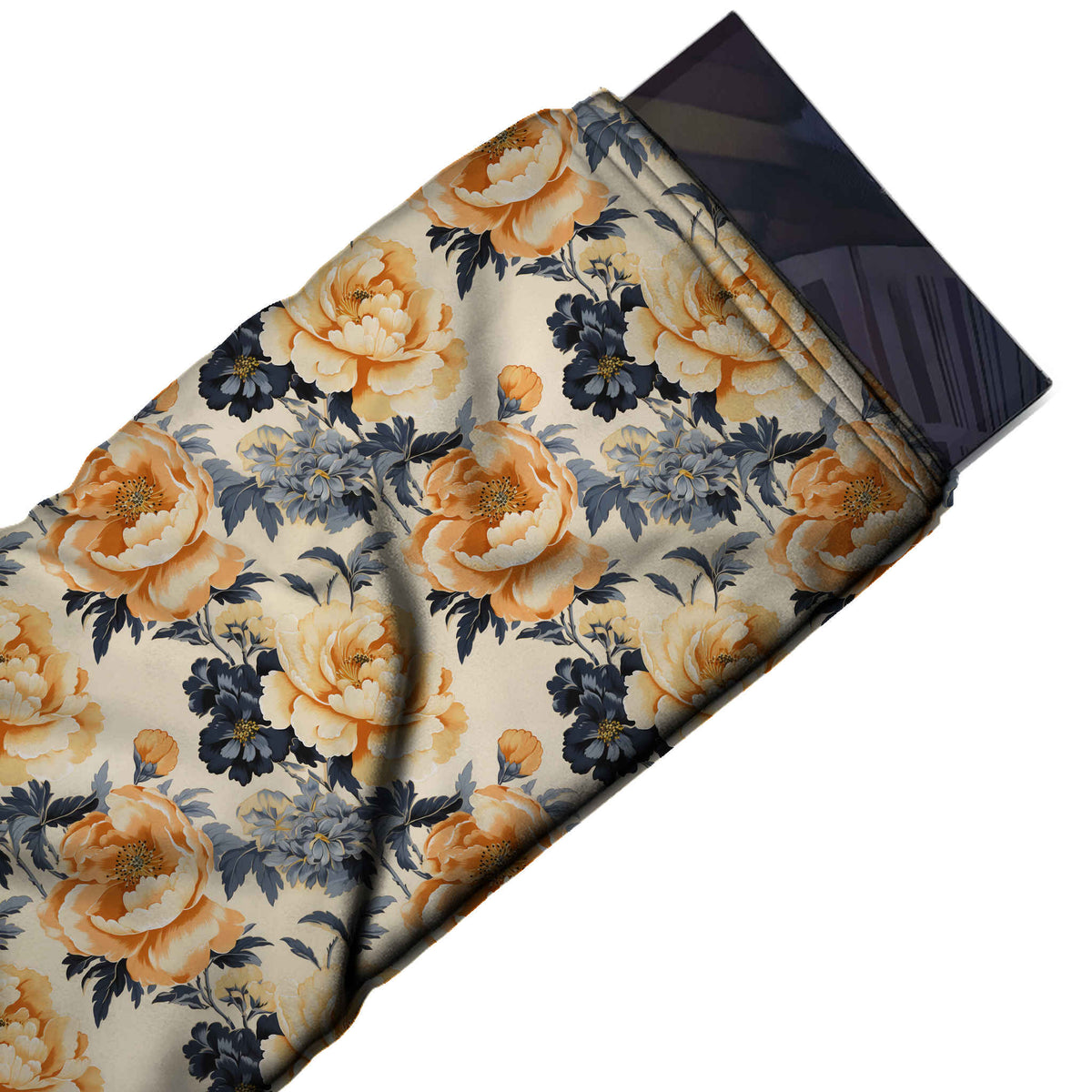 Cream & Apricot Orange Peony & Navy Bloom Printed Moss Crepe Fabric - flat fabric swatch, design Design No_3763, Clothwala