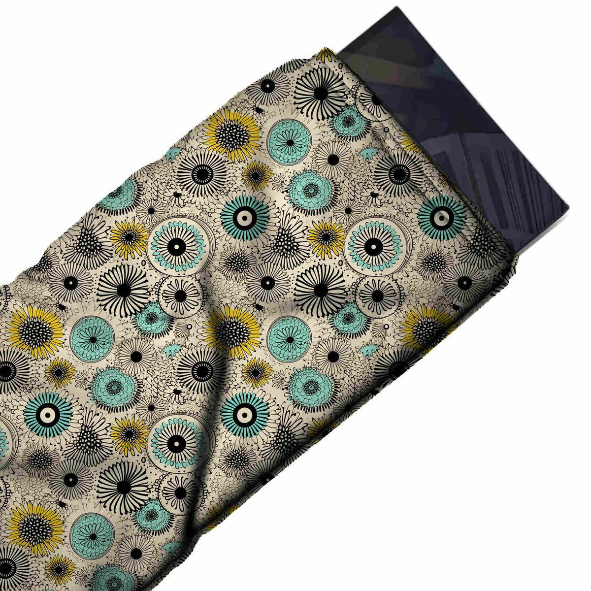 Flat fabric swatch: dense all-over layout of small to medium circular flower heads and, design Design No_4390, Clothwala