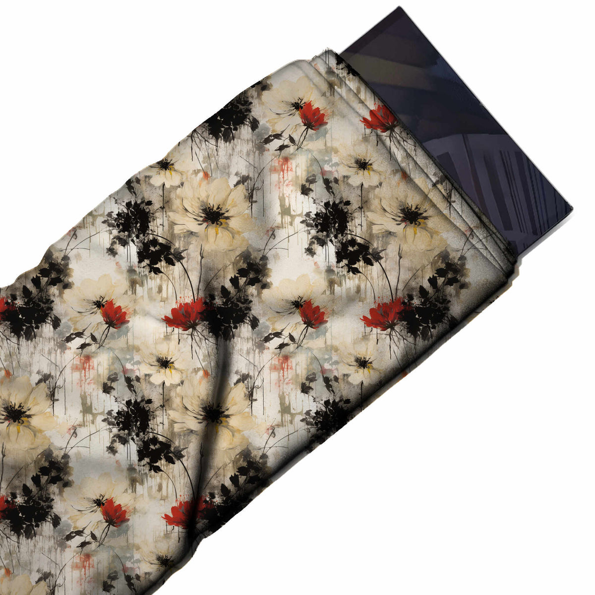 Flat fabric swatch: painterly all-over floral with ivory open flowers, design 3656, Clothwala