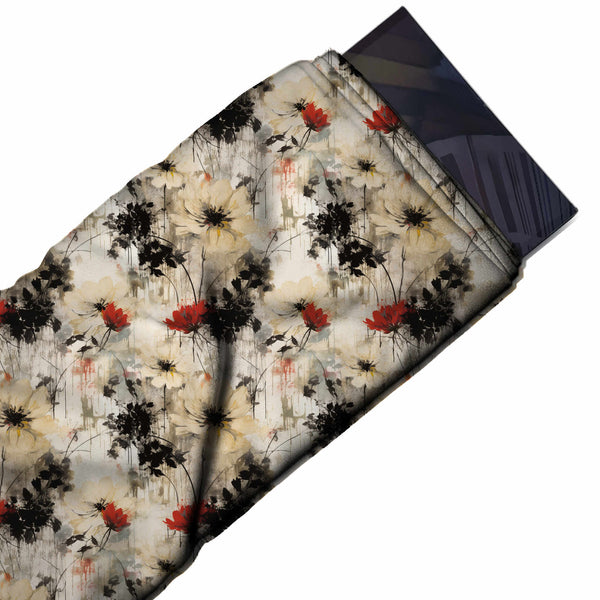 Cream Beige & Black Ink Drip Wildflowers Printed Armani Satin Fabric