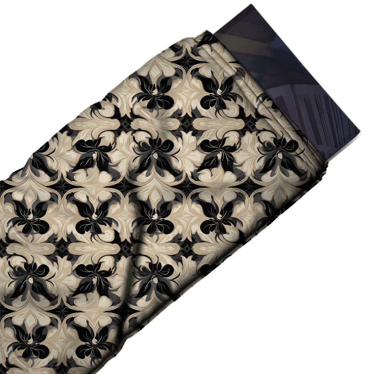 Flat fabric swatch: all-over mirrored damask layout of medium black iris-style flowers set, design Design No_4203, Clothwala