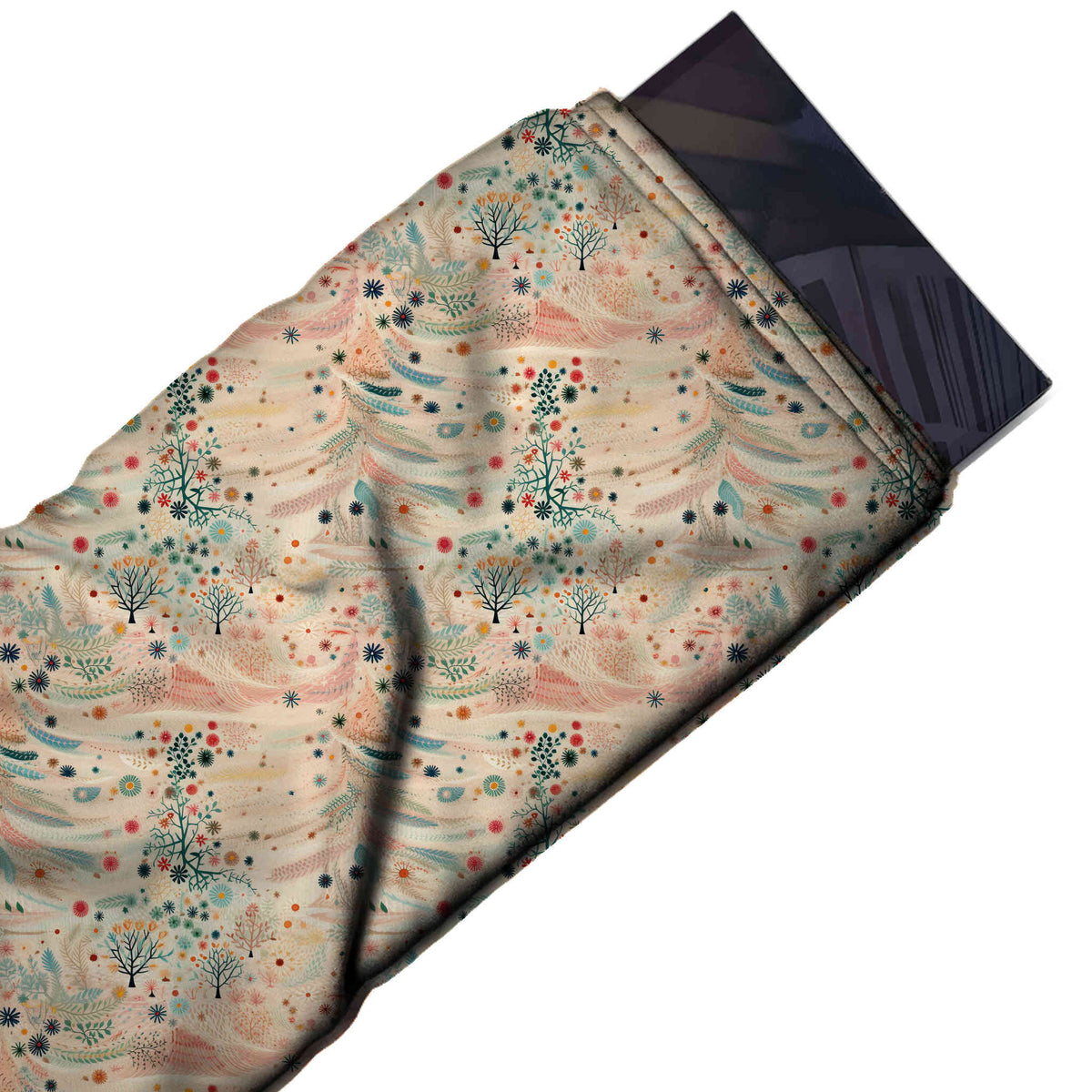 Flat fabric swatch: soft painterly all-over print of sweeping feathery boughs in dusty, design Design No_4916, Clothwala