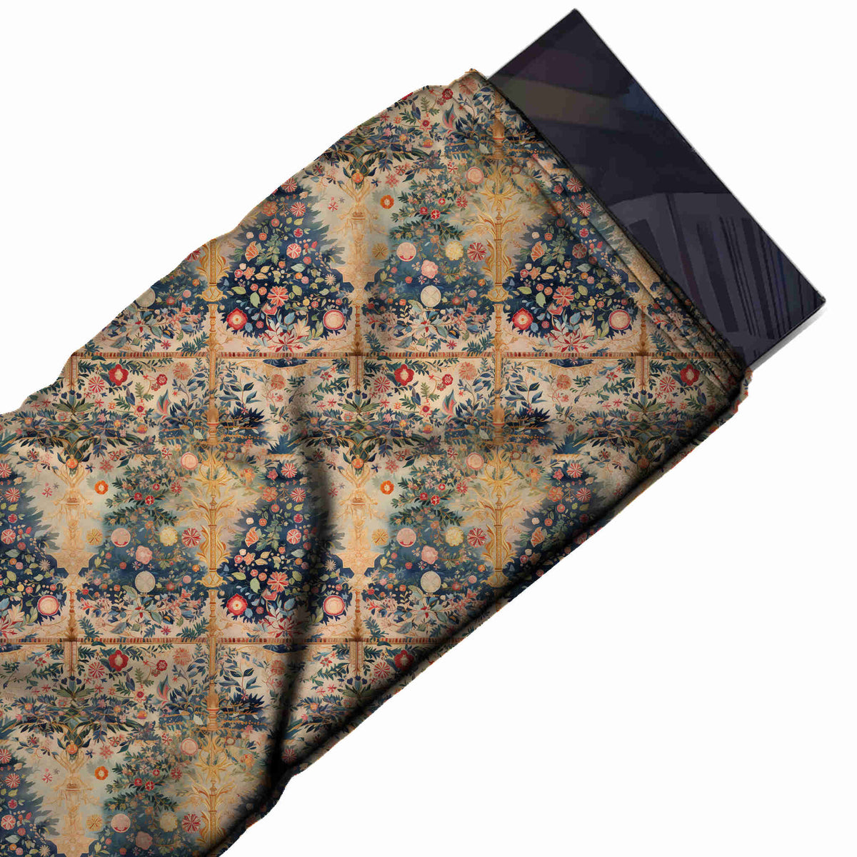 Flat fabric swatch: faded vintage-look panel print of slate navy fir-tree shapes filled, design Design No_4924, Clothwala