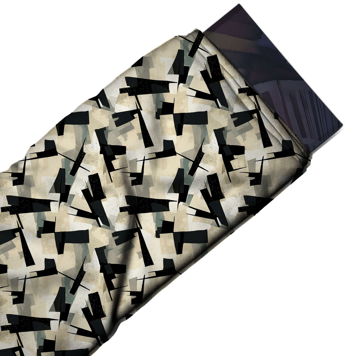 Flat fabric swatch: medium-scale all-over geometric of tossed black tapered bars and, design Design No_4061, Clothwala