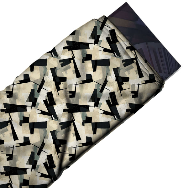 Cream & Black Angular Shards Printed Spandex Fabric