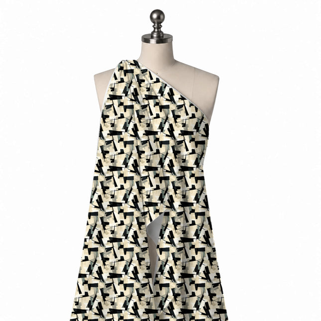 Draped on a mannequin: medium-scale all-over geometric of tossed black tapered bars and, design Design No_4061, Clothwala
