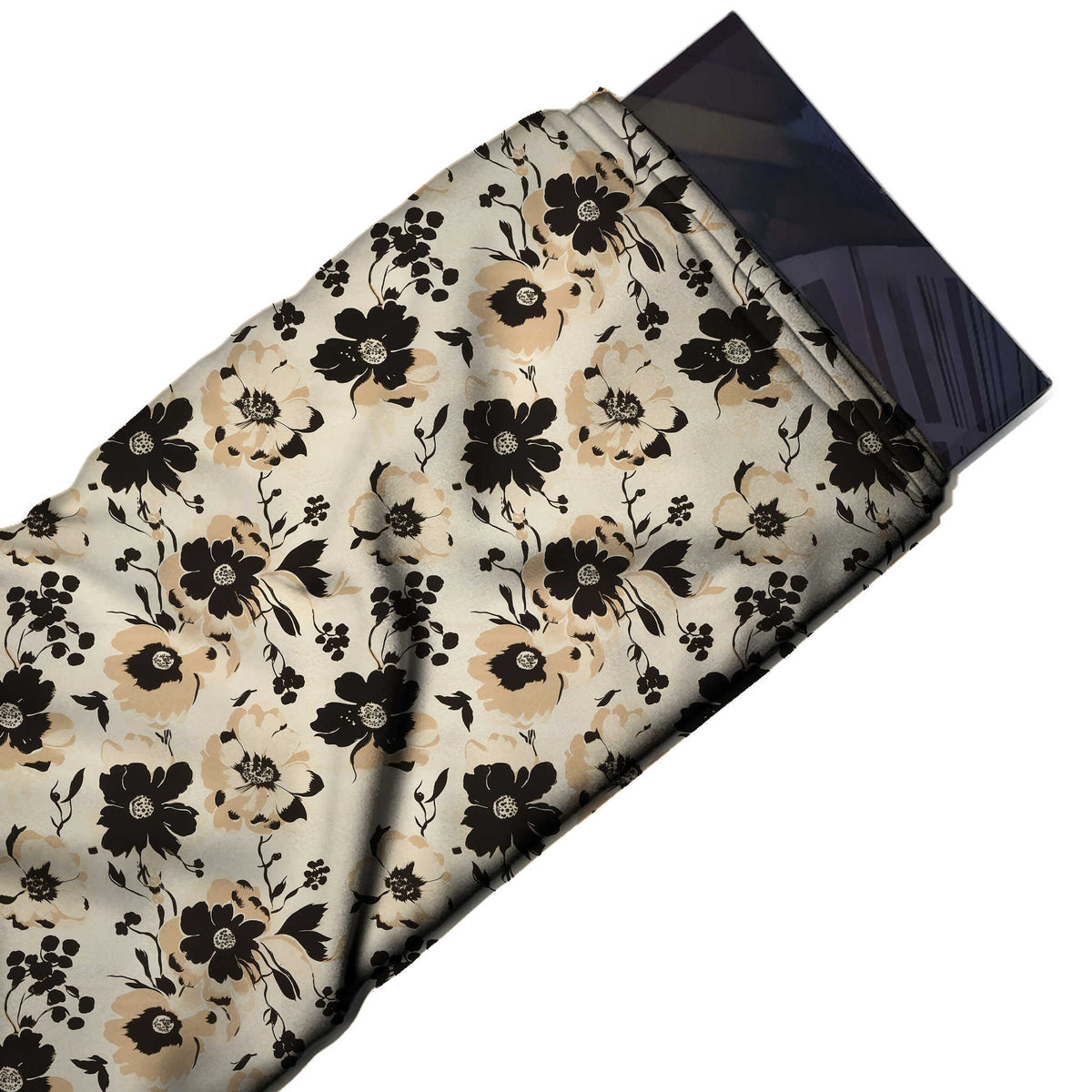 Flat fabric swatch: tossed all-over floral of small-to-medium flat black flower silhouettes, design 3648, Clothwala