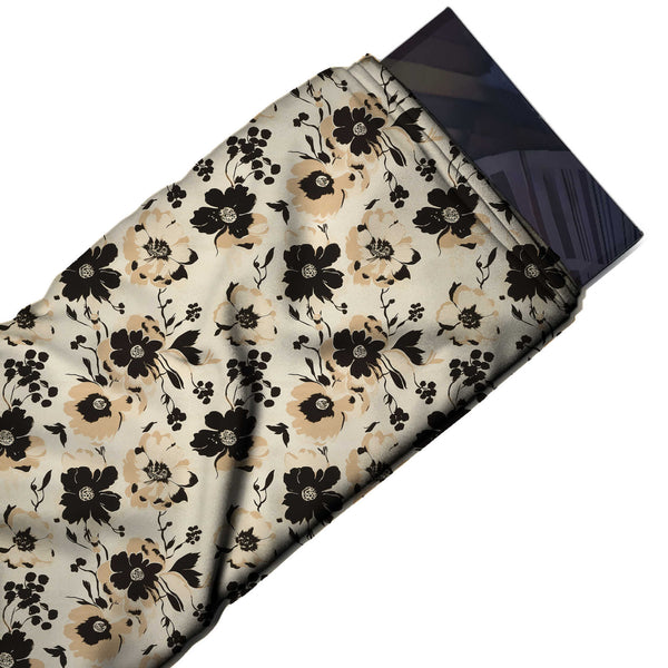 Cream & Black & Beige Blossoms Printed Armani Satin Fabric