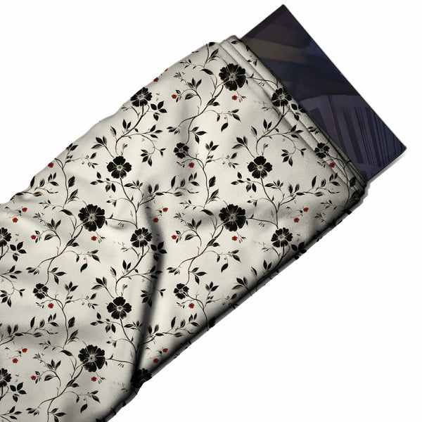 Cream & Black Blossom & Red Bud Printed French Crepe Fabric