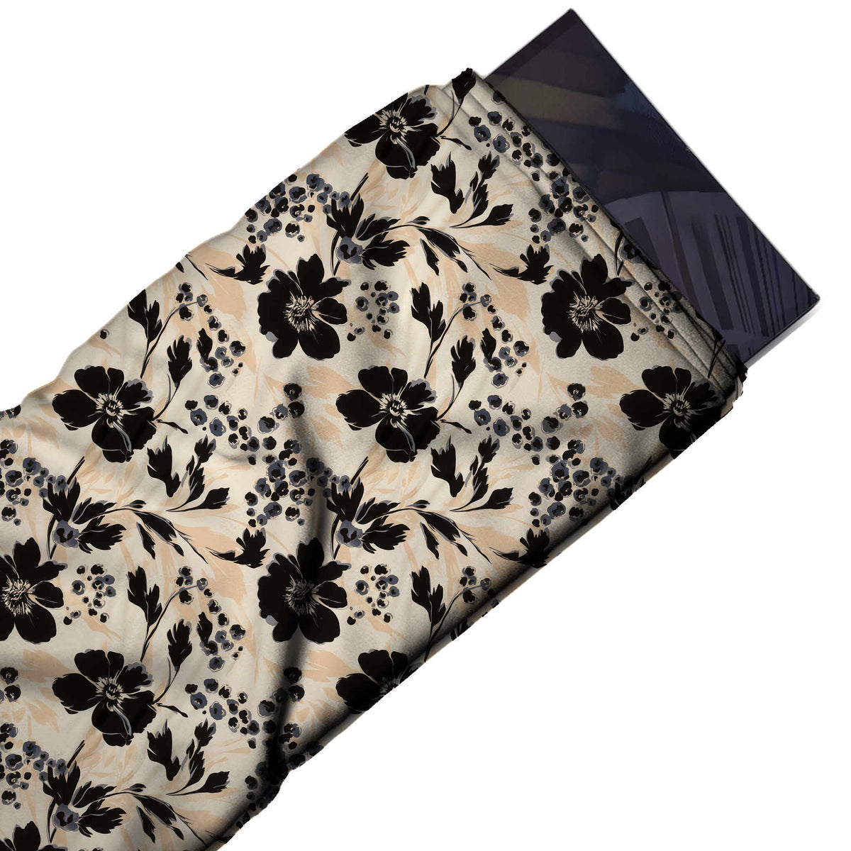 Flat fabric swatch: all-over floral of medium-scale solid black five-petal flowers with fine cream, design 3668, Clothwala