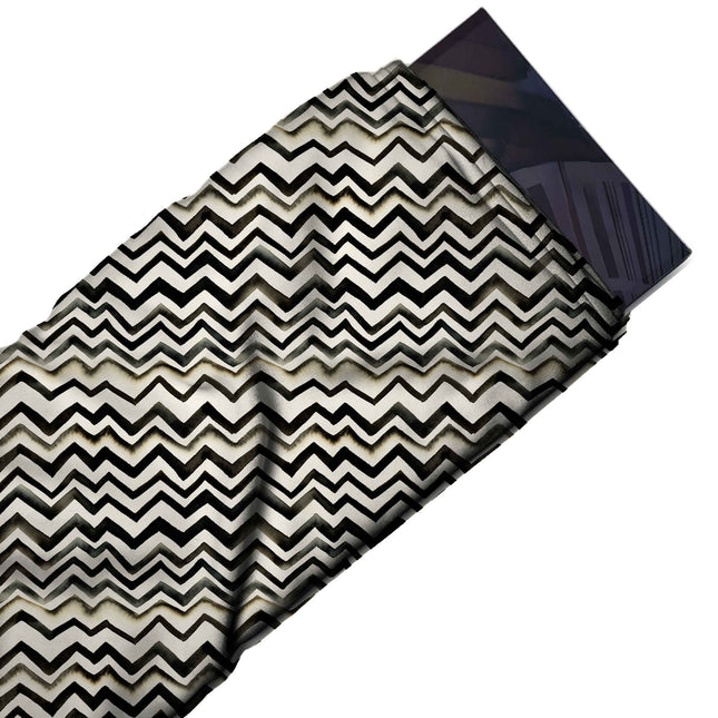Flat fabric swatch: closely stacked horizontal rows of black zigzag lines that vary in, design Design No_4023, Clothwala