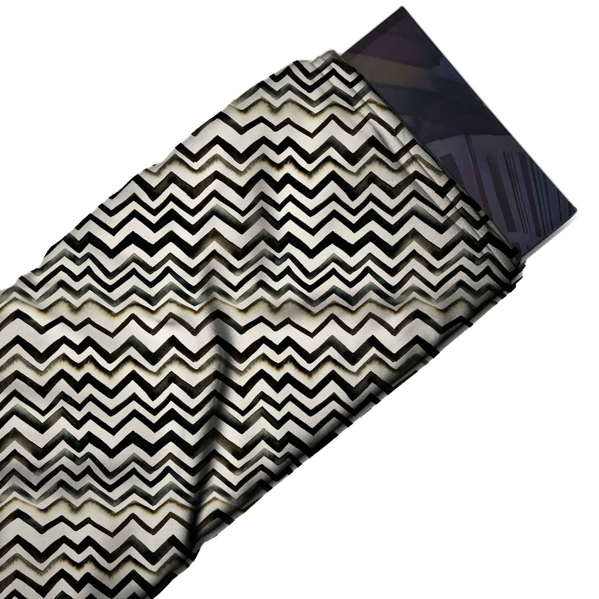 Flat fabric swatch: closely stacked horizontal rows of black zigzag lines that vary in, design Design No_4023, Clothwala