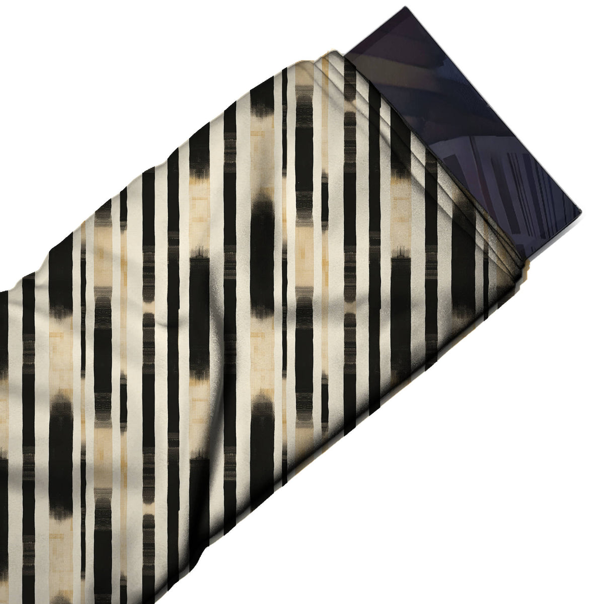 Flat fabric swatch: vertical ikat-look stripe layout of black bars of varying width with, design Design No_3974, Clothwala