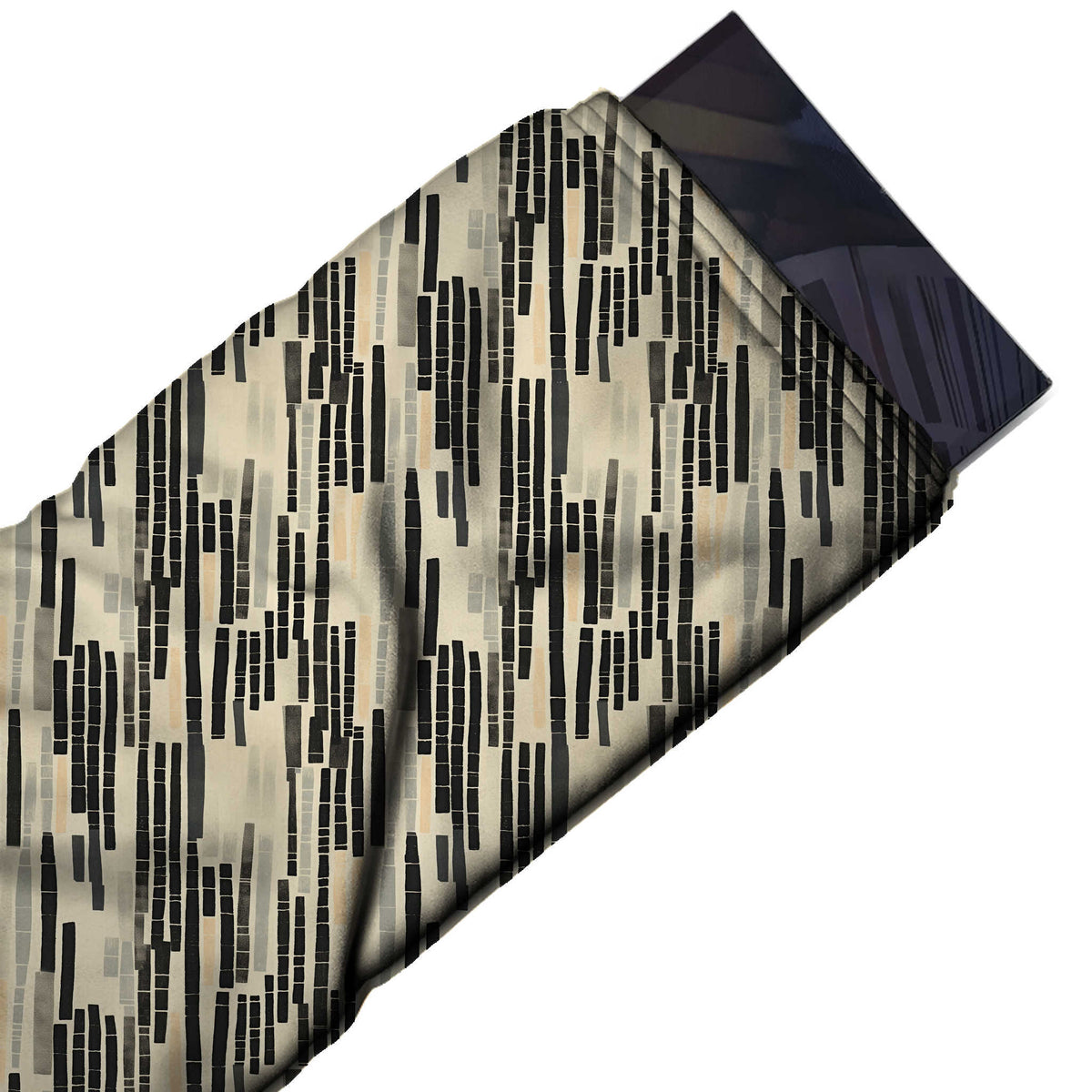 Flat fabric swatch: dense vertical layout of narrow stick-like bars cut into short, design Design No_3980, Clothwala