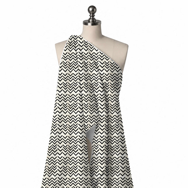 Draped on a mannequin: horizontal rows of short, thick black V-shaped chevron marks, design Design No_4027, Clothwala