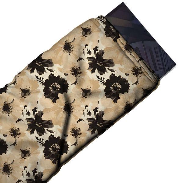 Cream & Black Brown Beige & Black Blooms Printed Armani Satin Fabric