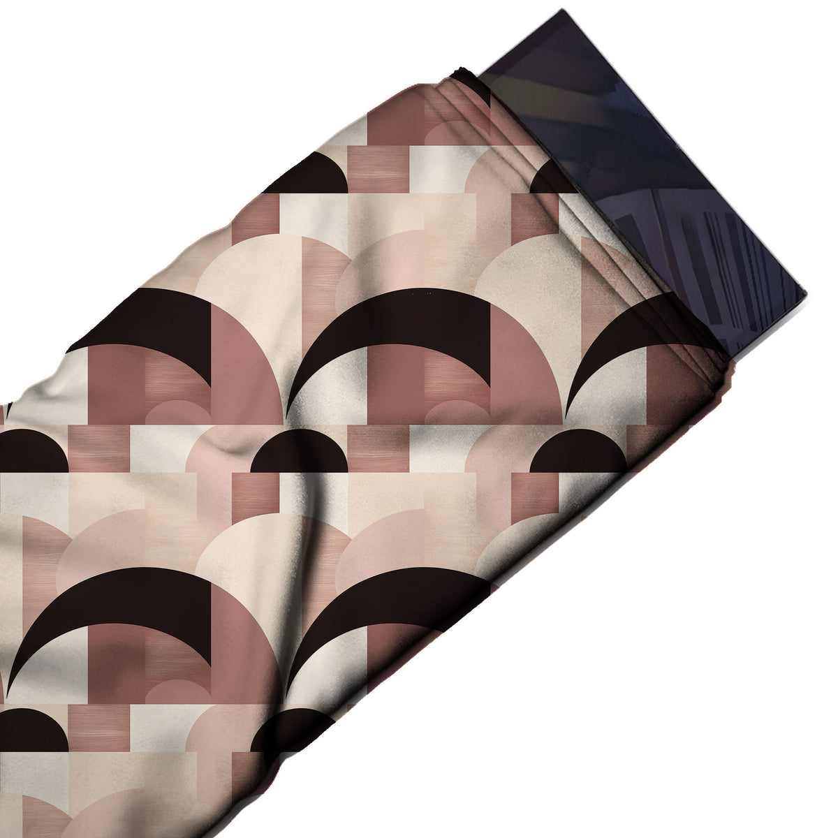 Flat fabric swatch: horizontal rows of large-scale black-brown crescent arcs over mauve, design Design No_4283, Clothwala