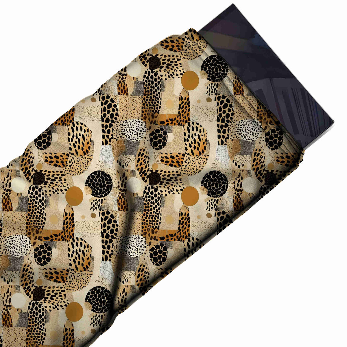 Cream & Black Cheetah Spot Collage Printed Moss Crepe Fabric - flat fabric swatch, design Design No_3728, Clothwala