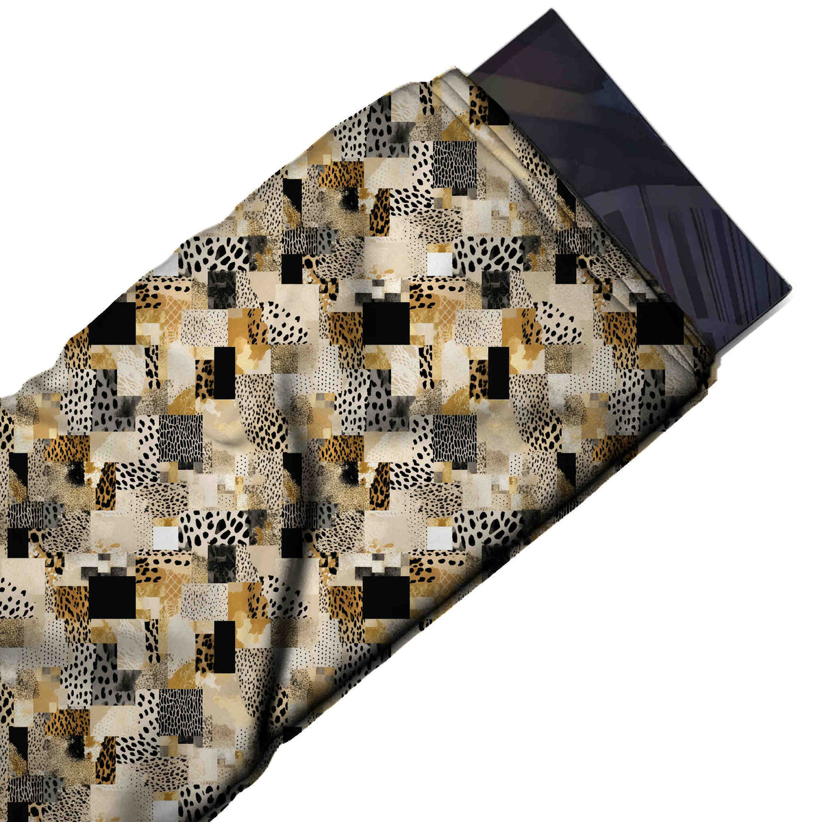 Cream & Black Cheetah Spot Mosaic Printed Moss Crepe Fabric - flat fabric swatch, design Design No_3736, Clothwala