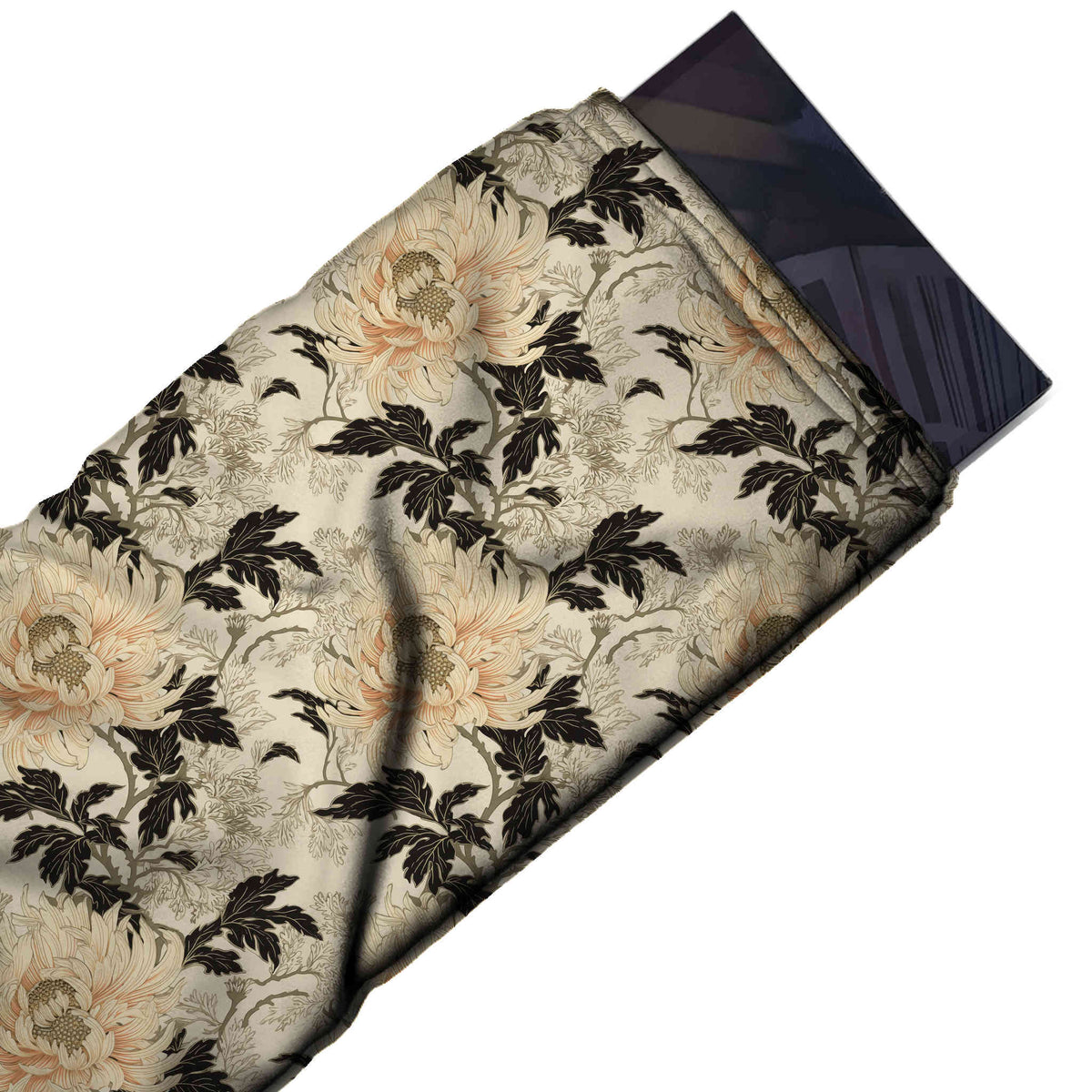 Flat fabric swatch: all-over layout of large finely line-drawn pale peach chrysanthemum, design Design No_4200, Clothwala