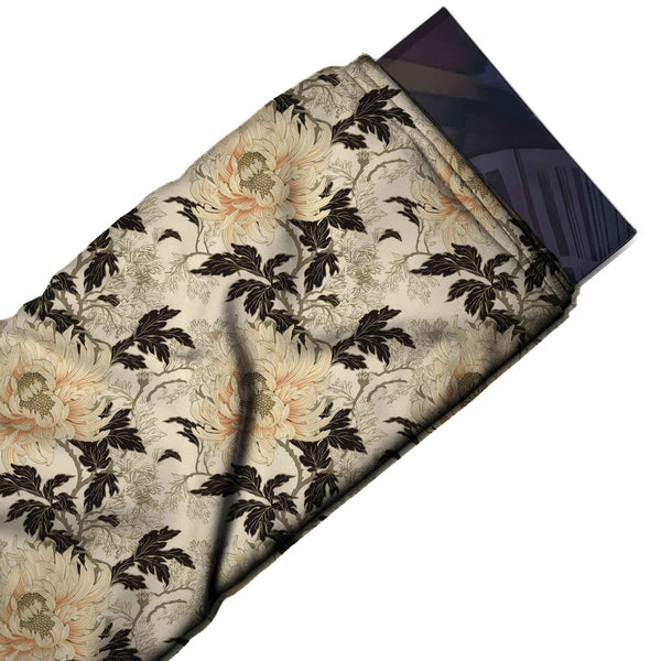 Cream & Black Chrysanthemum & Black Leaves Printed French Crepe Fabric