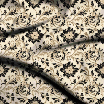 Cream & Black Chrysanthemum Scroll Vine Printed French Crepe Fabric