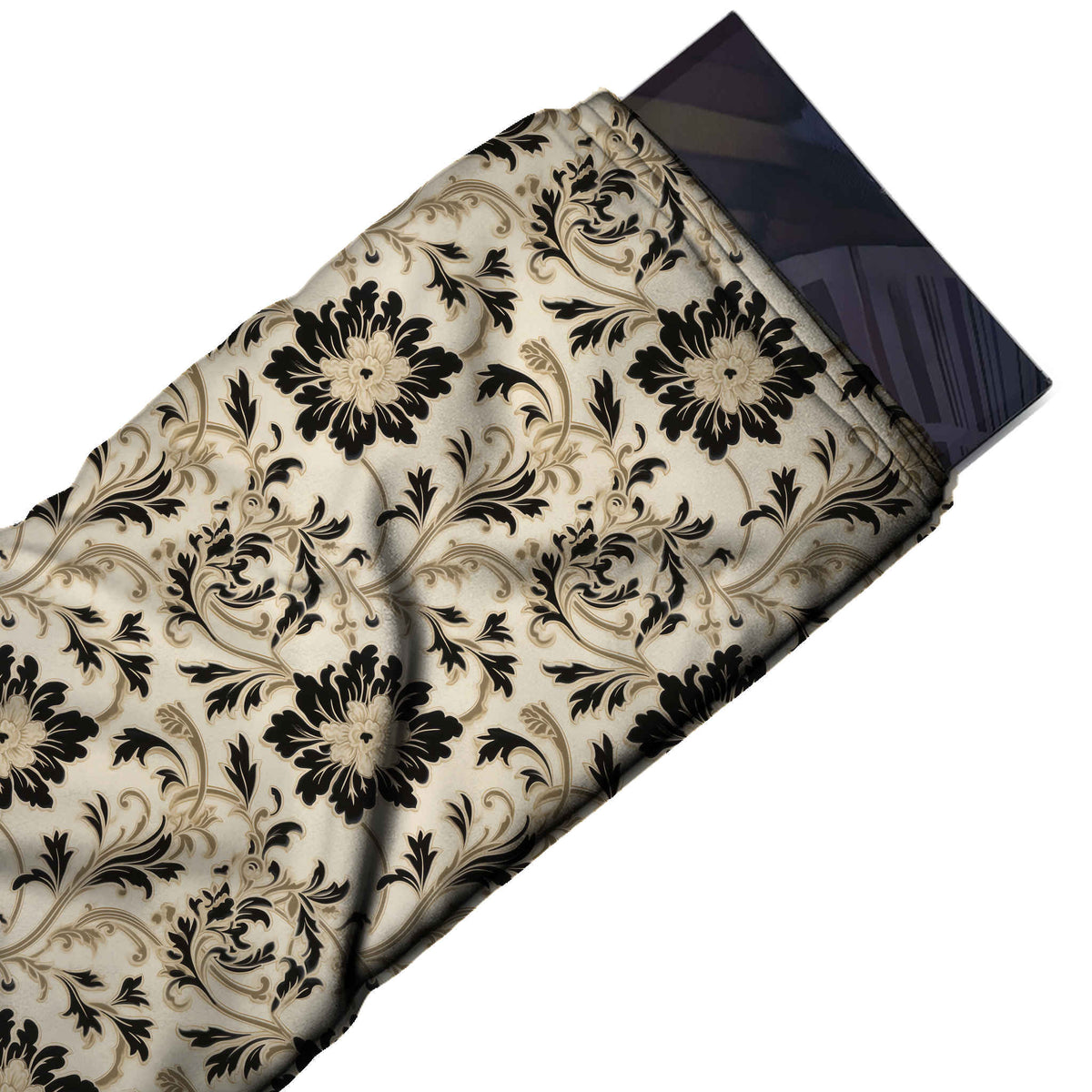 Flat fabric swatch: all-over scrolling vine layout of medium black ragged-petal flowers, design Design No_4197, Clothwala