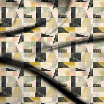 Cream & Black Collage Blocks & Shards Printed Pure Natural Crepe Fabric