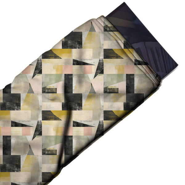 Cream & Black Collage Blocks & Shards Printed Pure Natural Crepe Fabric