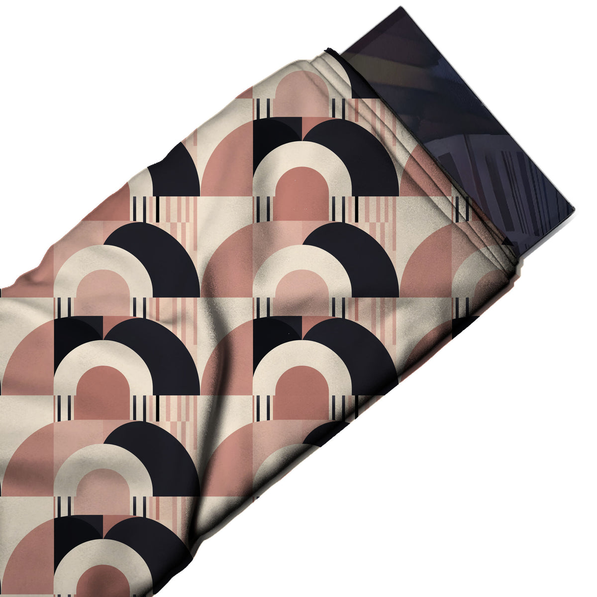 Flat fabric swatch: all-over large-scale rows of concentric arches in black, design Design No_4284, Clothwala