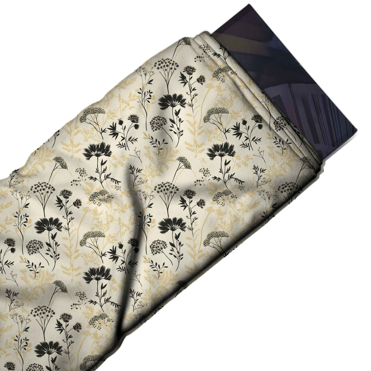 Flat fabric swatch: all-over one-way meadow print of flat black cornflowers, design Design No_4144, Clothwala