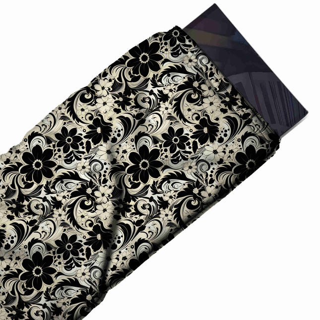 Flat fabric swatch: closely packed all-over floral with medium solid black daisies, design Design No_4391, Clothwala