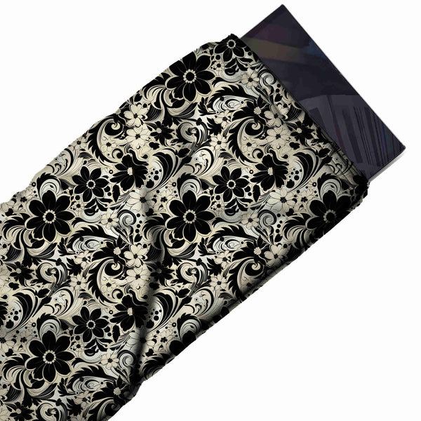 Cream & Black Daisy Scrollwork Printed Pure Natural Crepe Fabric