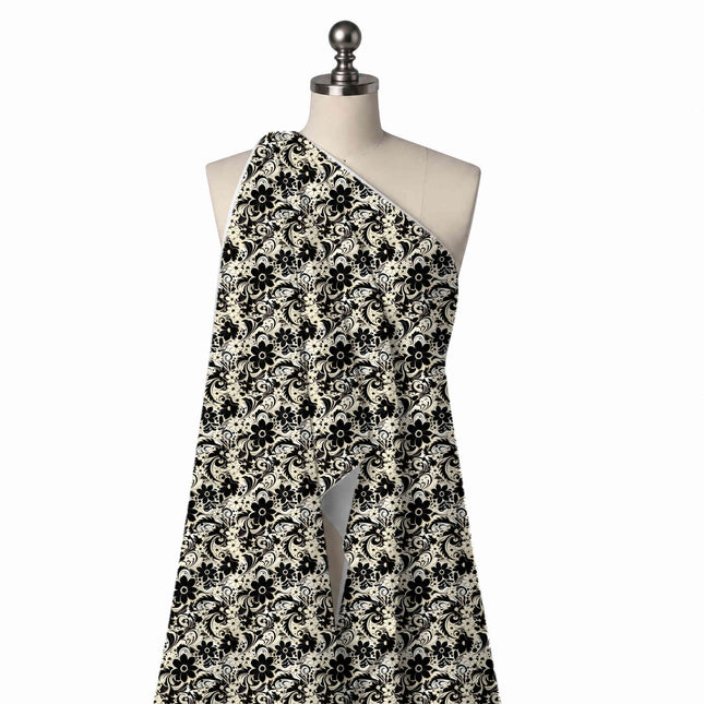 Draped on a mannequin: closely packed all-over floral with medium solid black daisies, design Design No_4391, Clothwala