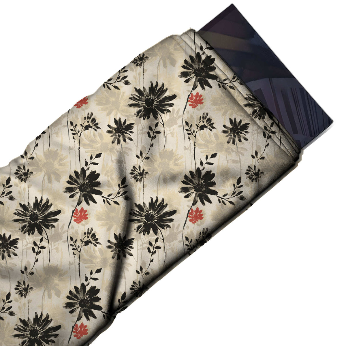 Flat fabric swatch: one-way all-over floral of medium-scale black brush-stroke daisies on thin, design 3654, Clothwala