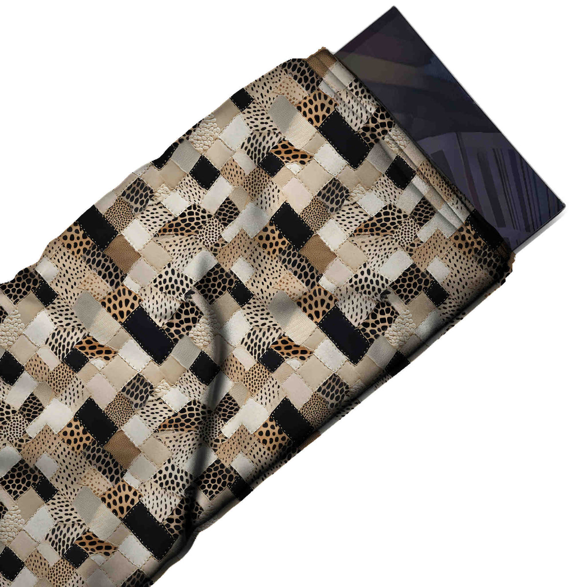 Cream & Black Diagonal Spot Patchwork Printed Moss Crepe Fabric - flat fabric swatch, design Design No_3734, Clothwala