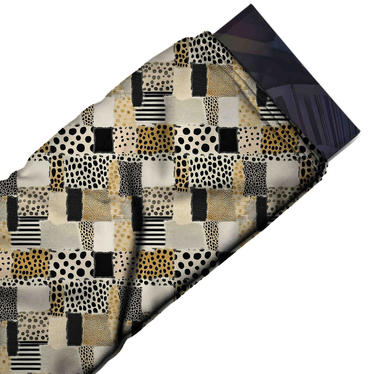 Cream & Black Dot & Spot Patchwork Printed Moss Crepe Fabric - flat fabric swatch, design Design No_3730, Clothwala
