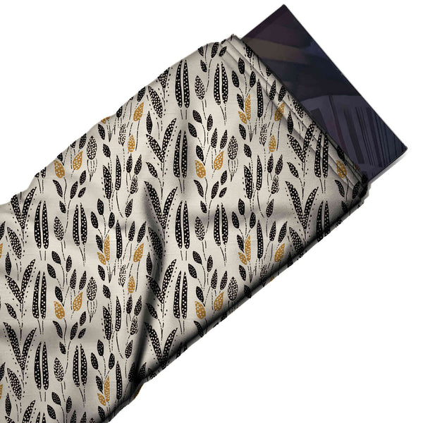 Cream & Black Dotted Wheat Blades Printed French Crepe Fabric