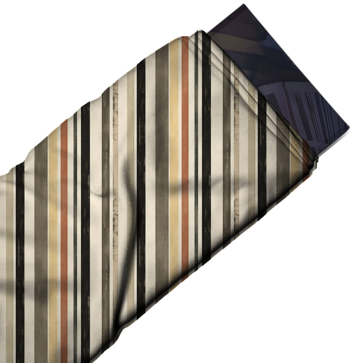 Flat fabric swatch: vertical stripe layout of narrow to medium stripes in black, taupe, design Design No_3970, Clothwala