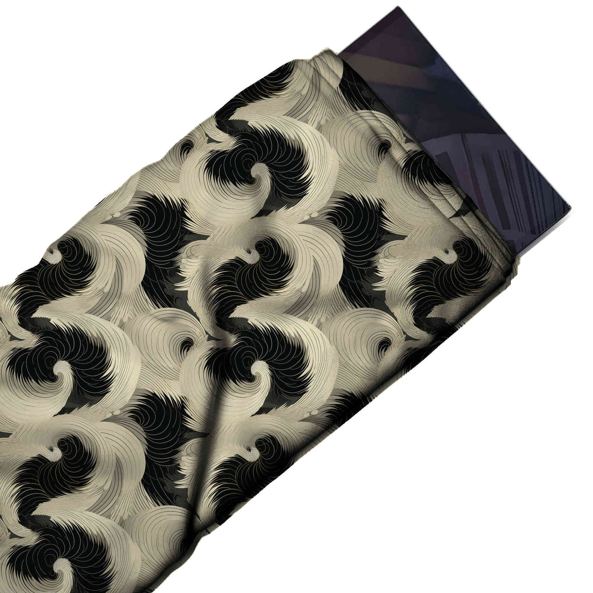 Flat fabric swatch: all-over large-scale curling plume shapes built from many fine layered arcs, design 3719, Clothwala