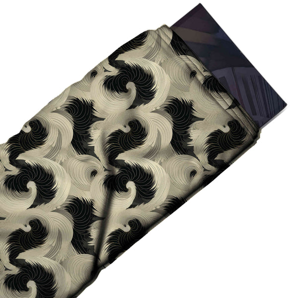 Cream & Black Feathered Plume Swirls Printed Moss Crepe Fabric