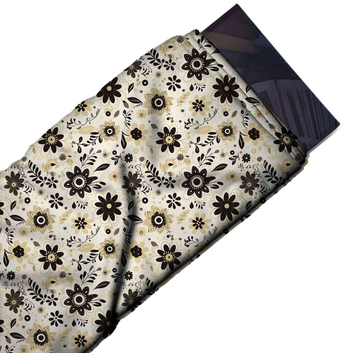 Flat fabric swatch: tossed all-over floral of small folk-style flowers in black and beige, design Design No_4374, Clothwala