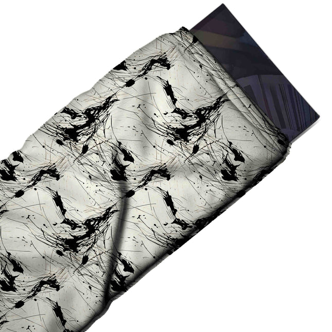 Flat fabric swatch: spaced all-over repeat of black ink splatters with long fine drip, design Design No_4014, Clothwala