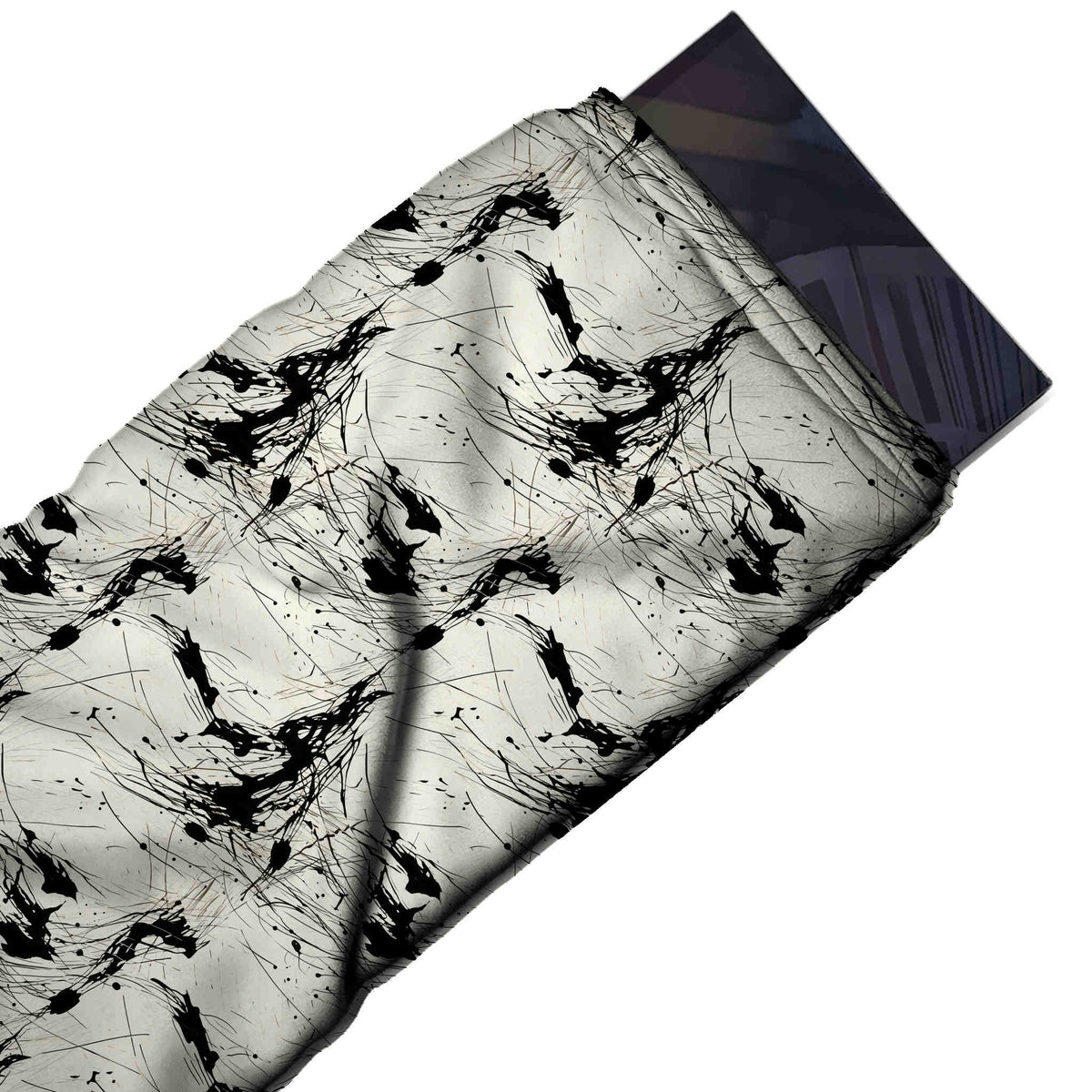 Flat fabric swatch: spaced all-over repeat of black ink splatters with long fine drip, design Design No_4014, Clothwala