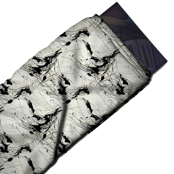 Cream & Black Ink Drip Splatter Printed Spandex Fabric