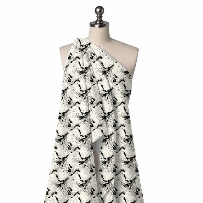 Draped on a mannequin: spaced all-over repeat of black ink splatters with long fine drip, design Design No_4014, Clothwala