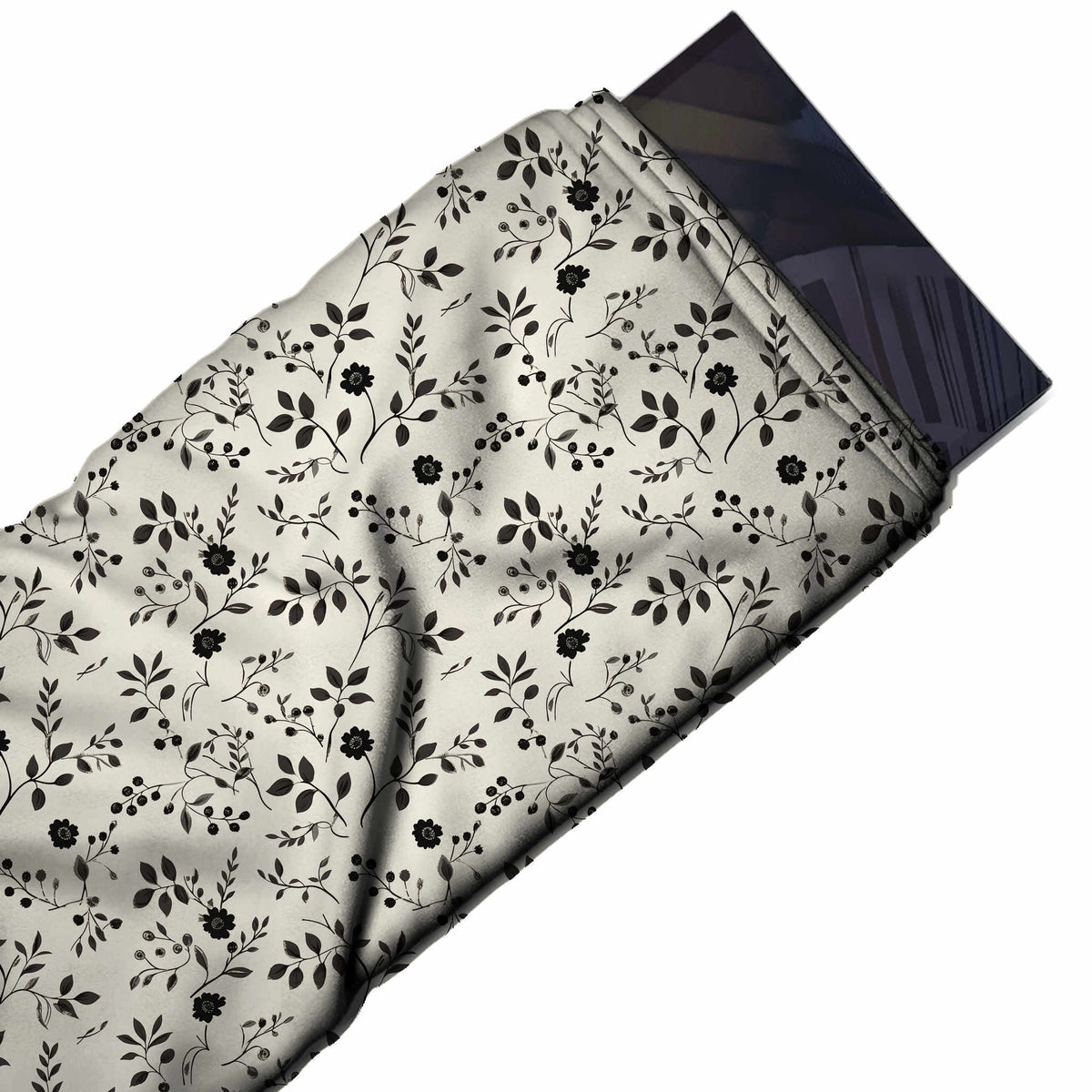 Flat fabric swatch: tossed all-over layout of small black leaf sprigs and berry sprays, design Design No_4137, Clothwala